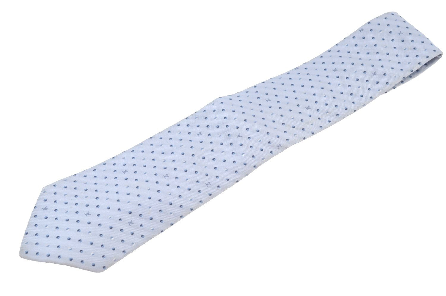 Authentic Louis Vuitton Necktie Tie Monogram Dots Pattern Silk Light Blue K8490