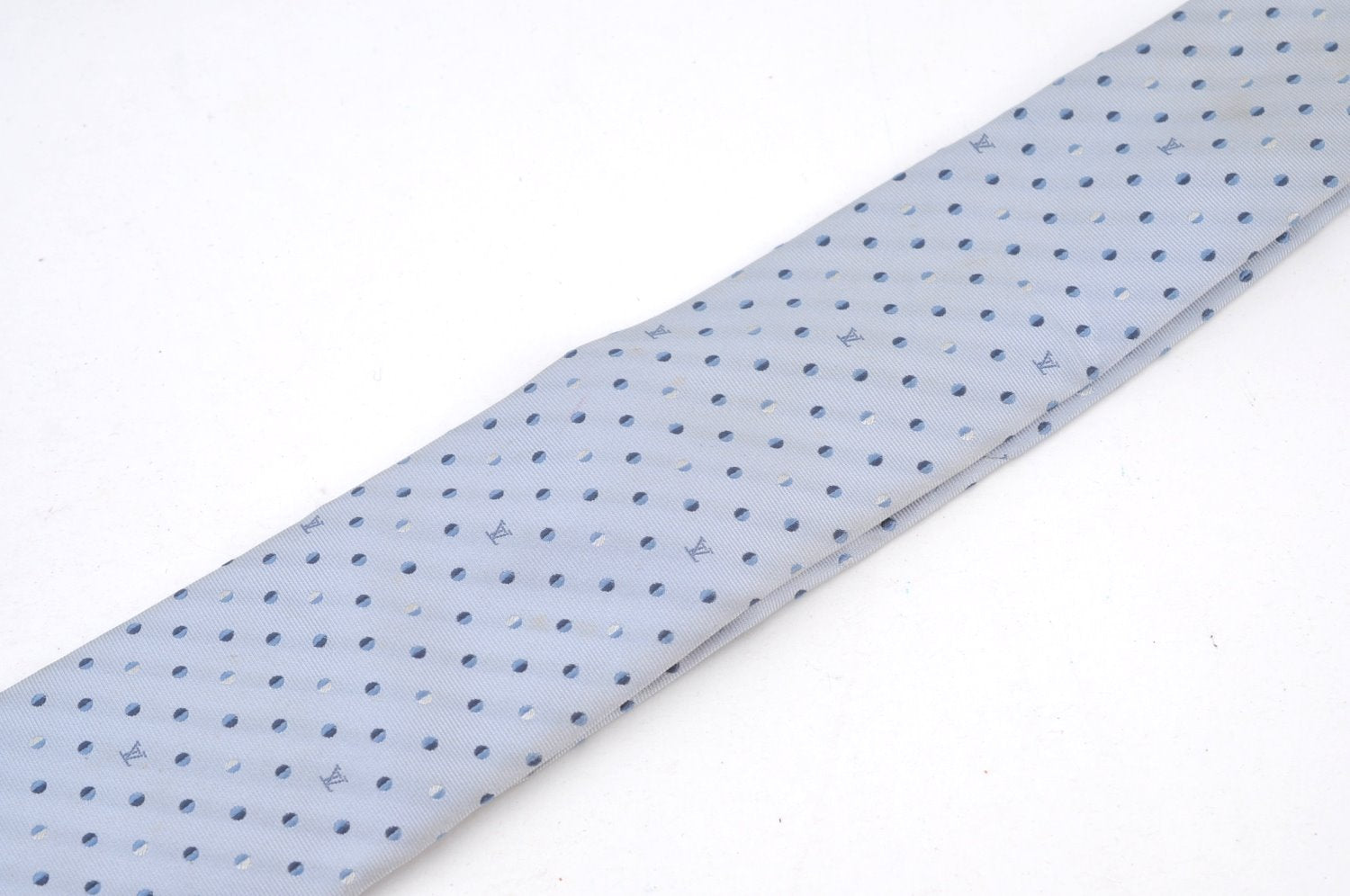 Authentic Louis Vuitton Necktie Tie Monogram Dots Pattern Silk Light Blue K8490