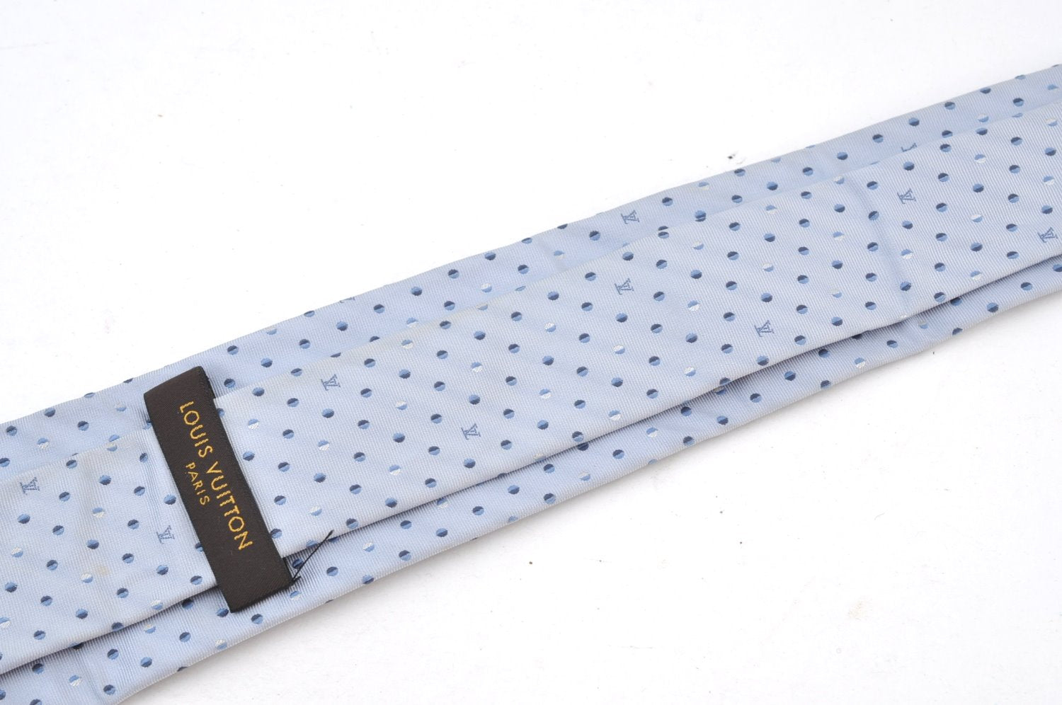 Authentic Louis Vuitton Necktie Tie Monogram Dots Pattern Silk Light Blue K8490