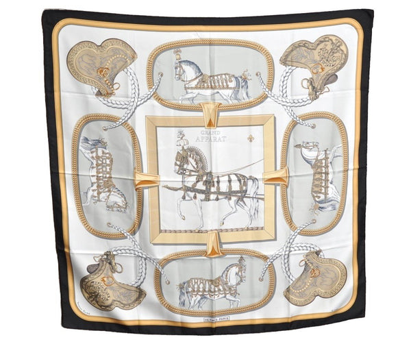 Authentic HERMES Carre 90 Scarf "GRAND APPARAT" Silk Black K8511