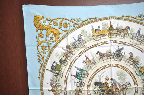 Auth HERMES Carre 90 Scarf "LA PROMENADE DE LONGCHAMPS" Silk Light Blue K8513