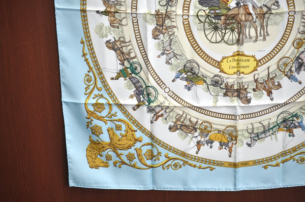 Auth HERMES Carre 90 Scarf "LA PROMENADE DE LONGCHAMPS" Silk Light Blue K8513