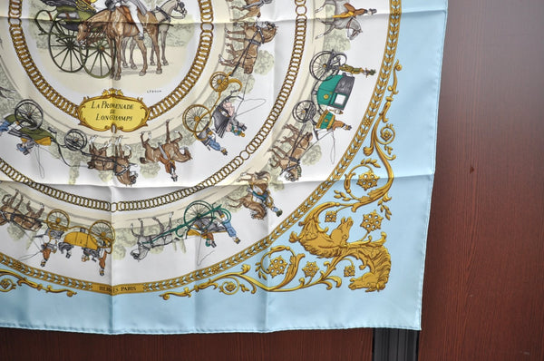 Auth HERMES Carre 90 Scarf "LA PROMENADE DE LONGCHAMPS" Silk Light Blue K8513