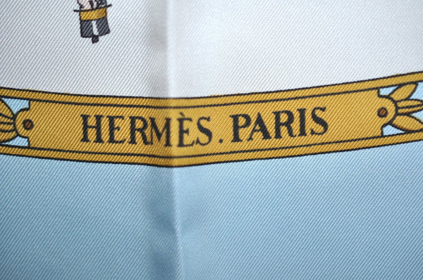 Auth HERMES Carre 90 Scarf "LA PROMENADE DE LONGCHAMPS" Silk Light Blue K8513