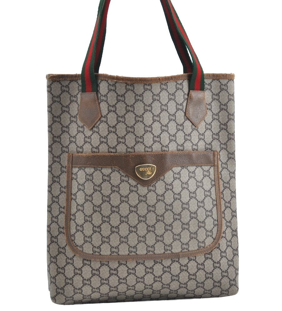 Authentic GUCCI Web Sherry Line GG Plus Tote Bag PVC Leather Brown K8515