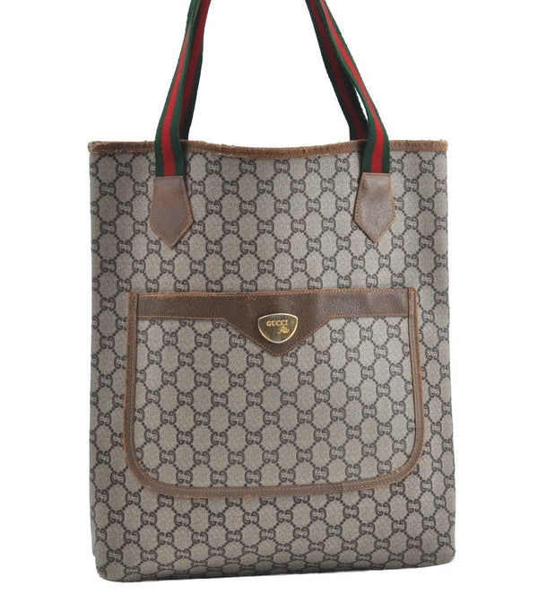 Authentic GUCCI Web Sherry Line GG Plus Tote Bag PVC Leather Brown K8515
