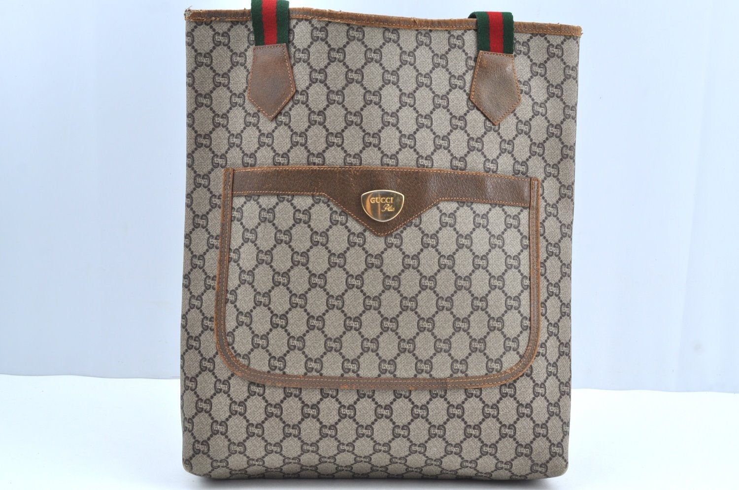 Authentic GUCCI Web Sherry Line GG Plus Tote Bag PVC Leather Brown K8515