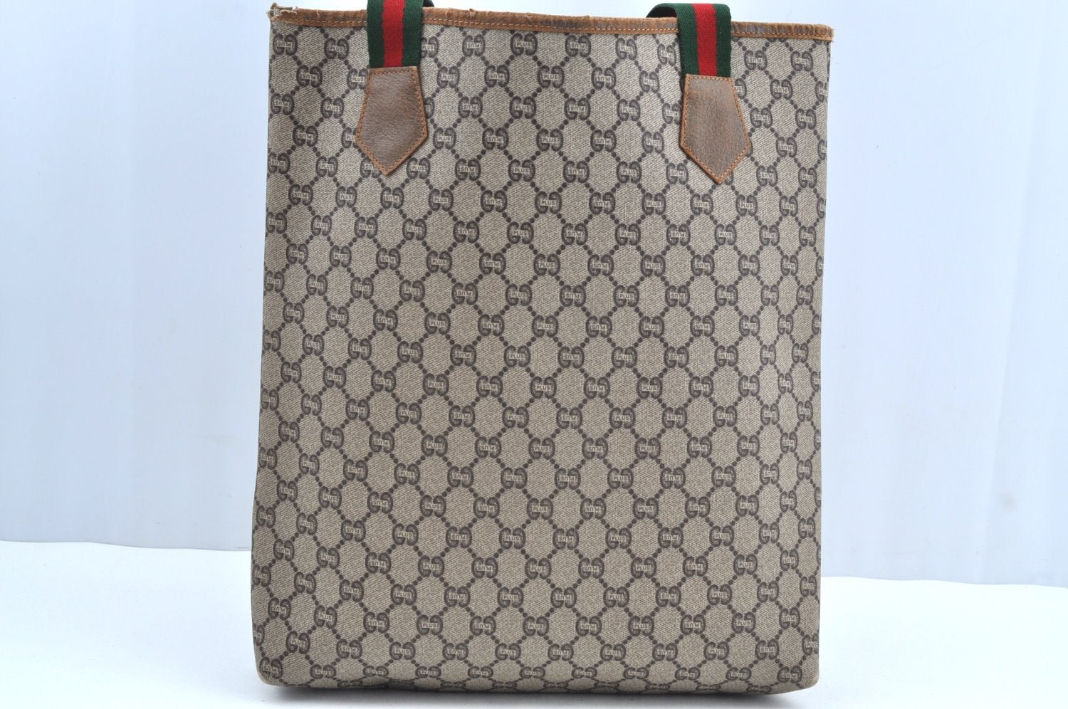 Authentic GUCCI Web Sherry Line GG Plus Tote Bag PVC Leather Brown K8515