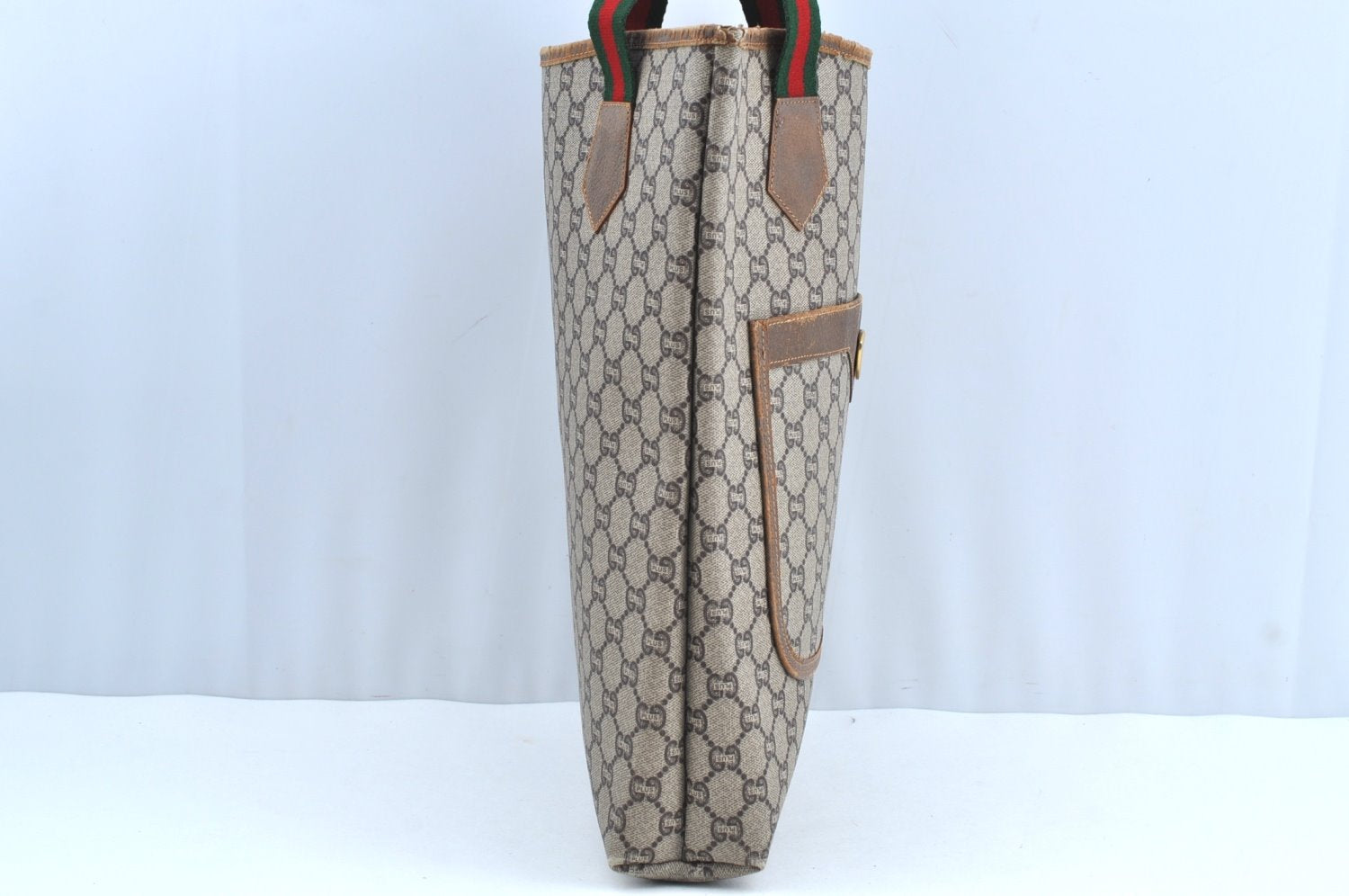 Authentic GUCCI Web Sherry Line GG Plus Tote Bag PVC Leather Brown K8515