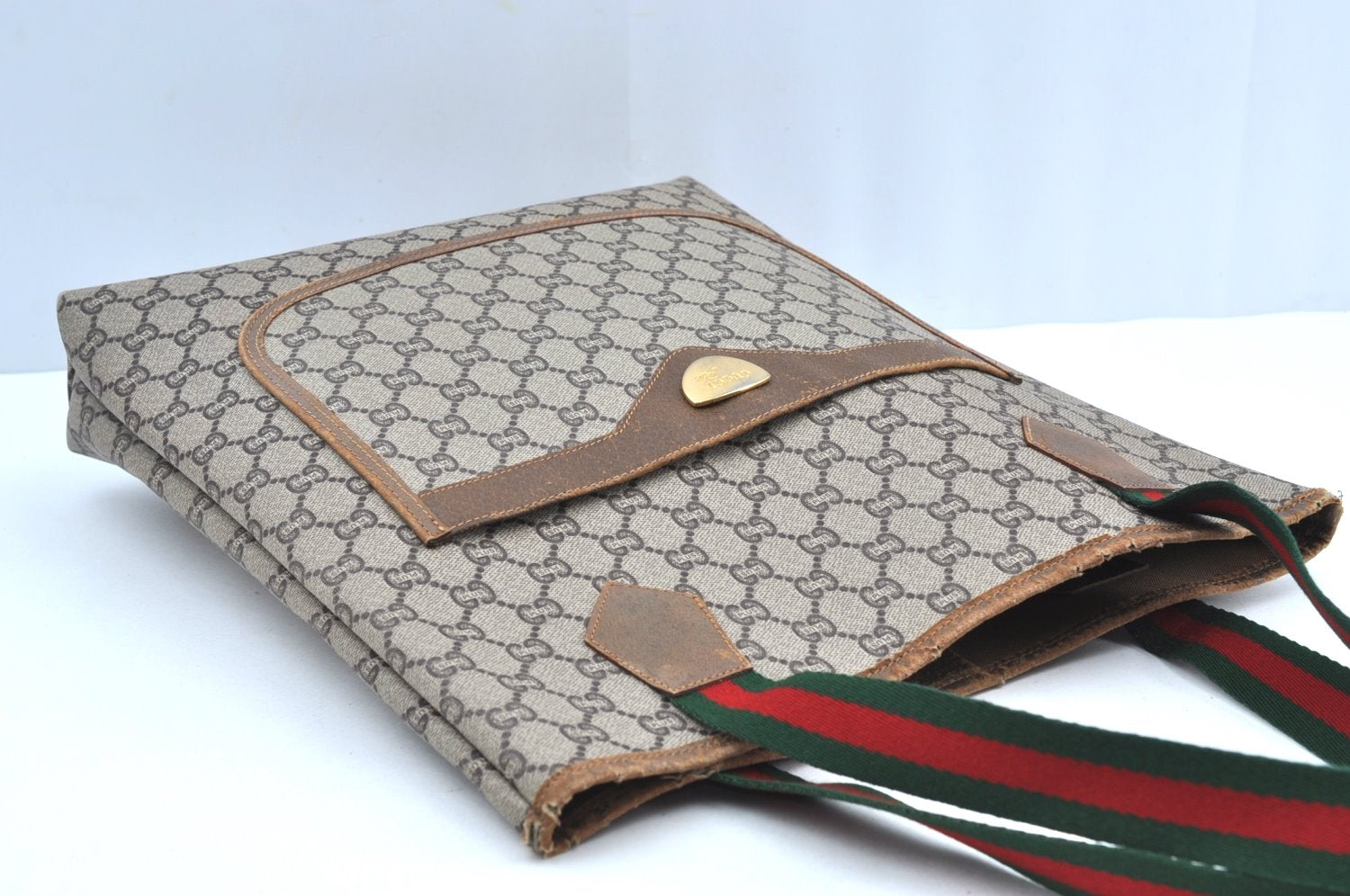 Authentic GUCCI Web Sherry Line GG Plus Tote Bag PVC Leather Brown K8515