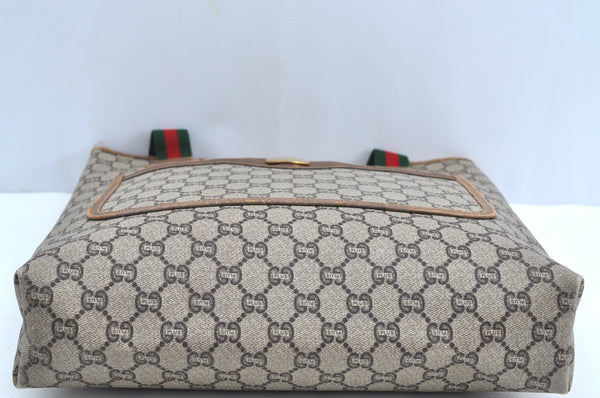 Authentic GUCCI Web Sherry Line GG Plus Tote Bag PVC Leather Brown K8515