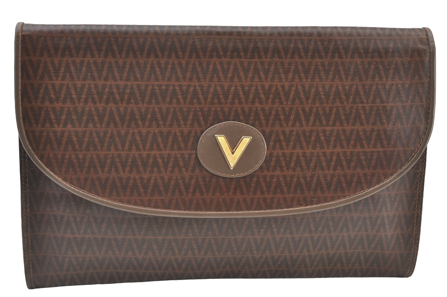 Authentic MARIO VALENTINO V Logo Clutch Hand Bag Purse PVC Leather Brown K8523