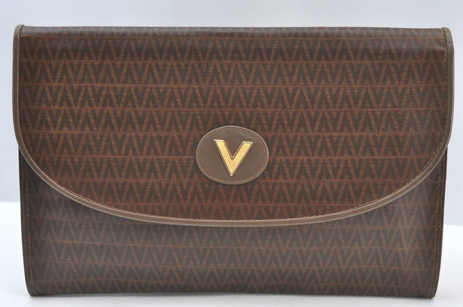 Authentic MARIO VALENTINO V Logo Clutch Hand Bag Purse PVC Leather Brown K8523