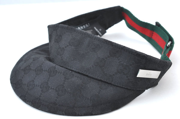 Authentic GUCCI Web Sherry Line Sun Visor GG Canvas Leather Size S Black K8562