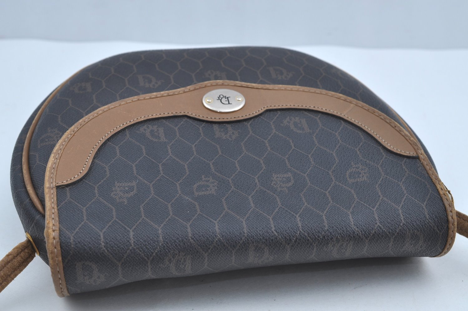 Authentic Christian Dior Honeycomb Shoulder Cross Bag PVC Leather Black K8567