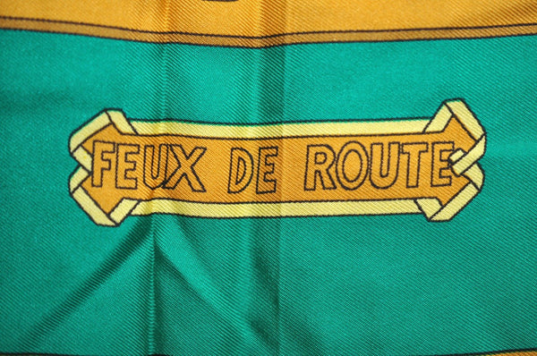 Authentic HERMES Carre 90 Scarf "FEUX DE ROUTE" Silk Green Box K8579