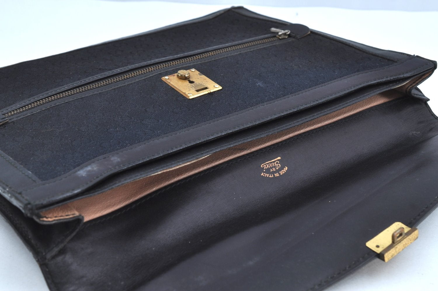 Authentic GUCCI Vintage Clutch Documents Case GG Canvas Leather Black K8584
