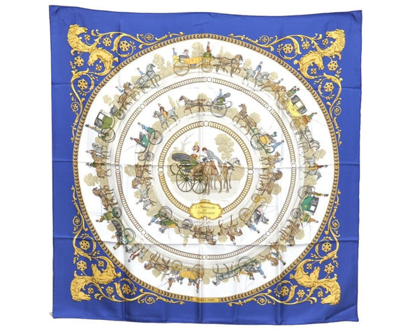 Authentic HERMES Carre 90 Scarf "LA PROMENADE DE LONGCHAMPS" Silk Blue K8593