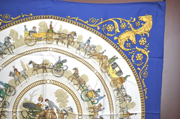 Authentic HERMES Carre 90 Scarf "LA PROMENADE DE LONGCHAMPS" Silk Blue K8593