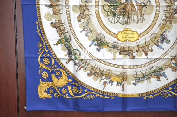 Authentic HERMES Carre 90 Scarf "LA PROMENADE DE LONGCHAMPS" Silk Blue K8593