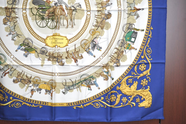 Authentic HERMES Carre 90 Scarf "LA PROMENADE DE LONGCHAMPS" Silk Blue K8593