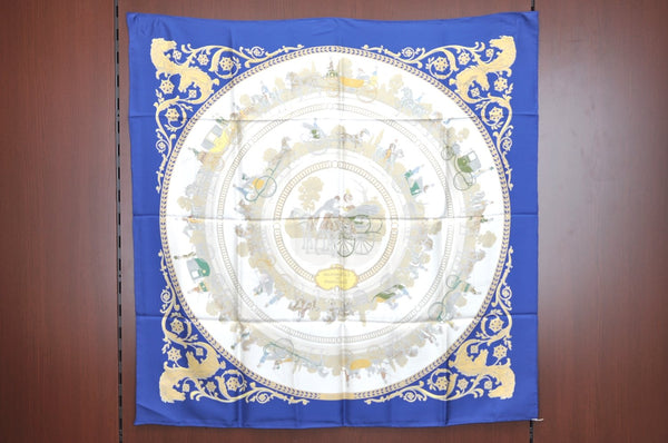 Authentic HERMES Carre 90 Scarf "LA PROMENADE DE LONGCHAMPS" Silk Blue K8593