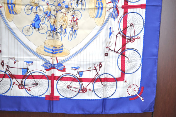 Authentic HERMES Carre 90 Scarf "LES BECANES" Silk Blue K8597