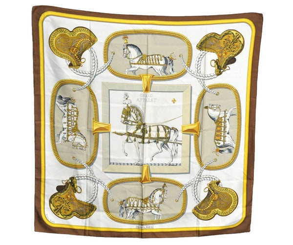 Authentic HERMES Carre 90 Scarf "GRAND APPARAT" Silk Brown K8598