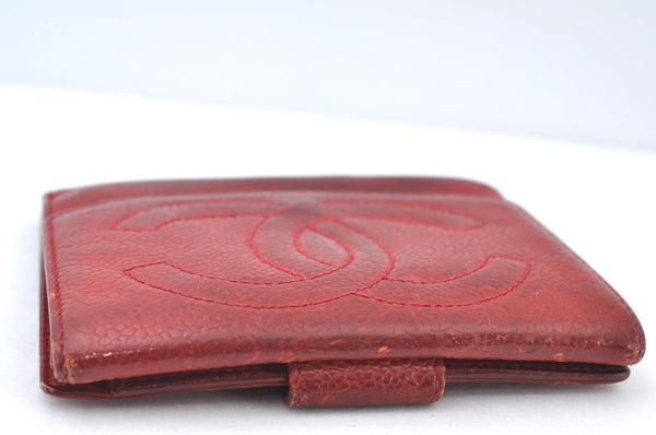 Authentic CHANEL Vintage Caviar Skin CC Logo Bifold Wallet Purse Red Junk K8639