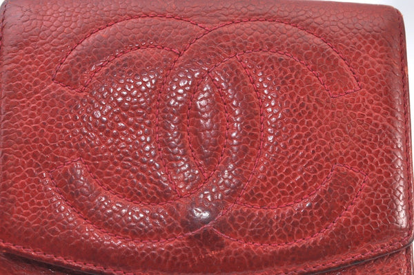 Authentic CHANEL Vintage Caviar Skin CC Logo Bifold Wallet Purse Red Junk K8639