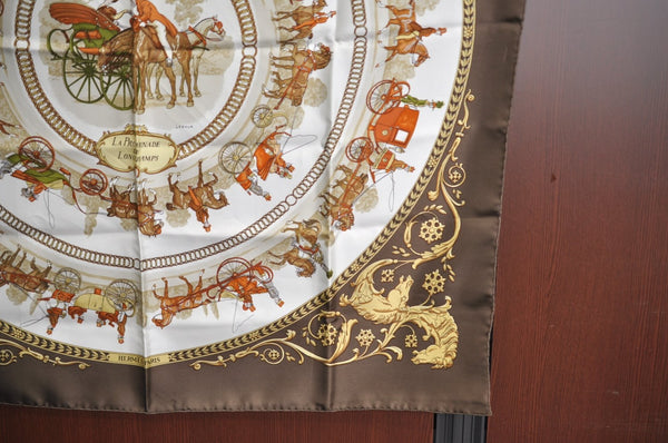 Authentic HERMES Carre 90 Scarf "LA Promenade De Longchamps" Silk Brown K8641