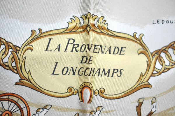 Authentic HERMES Carre 90 Scarf "LA Promenade De Longchamps" Silk Brown K8641