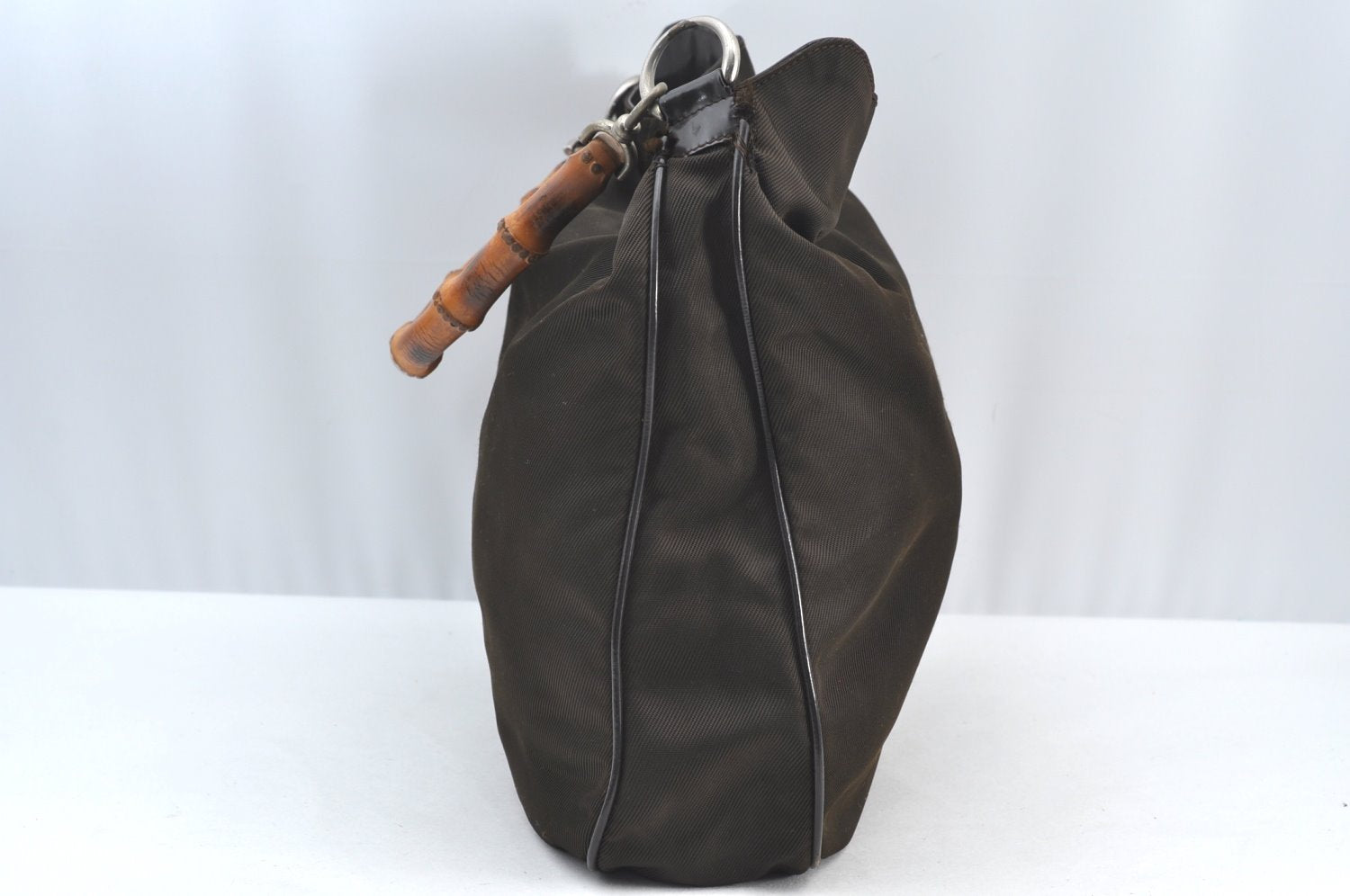 Authentic GUCCI Vintage Bamboo 2Way Shoulder Tote Bag Nylon Leather Brown K8649