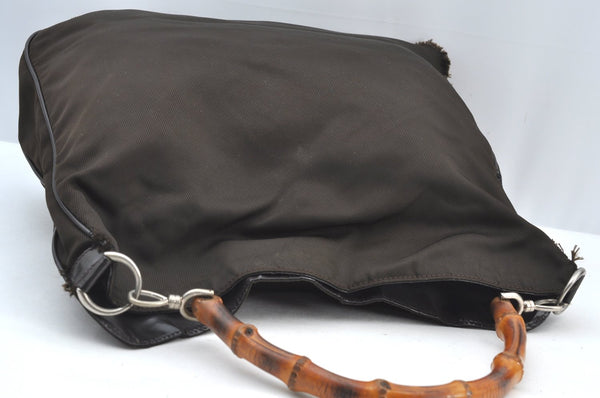 Authentic GUCCI Vintage Bamboo 2Way Shoulder Tote Bag Nylon Leather Brown K8649