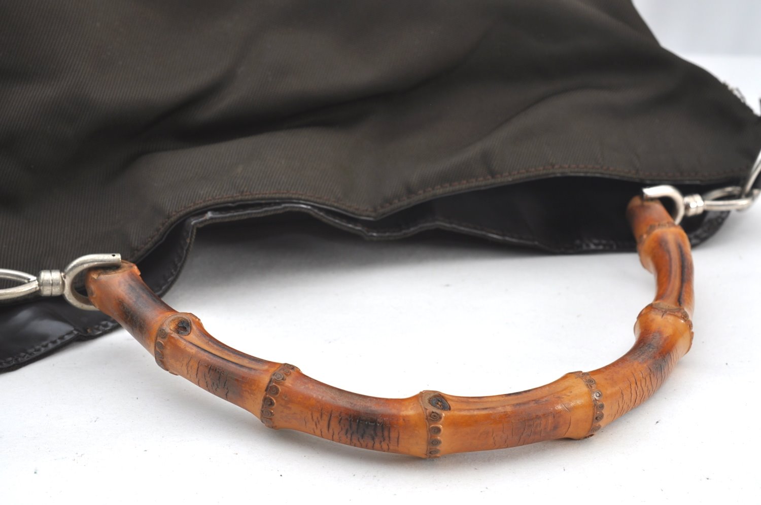 Authentic GUCCI Vintage Bamboo 2Way Shoulder Tote Bag Nylon Leather Brown K8649