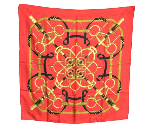 Authentic HERMES Carre 90 Scarf "Eperon d' or" Silk Red K8656