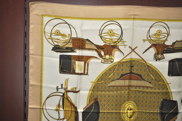 Authentic HERMES Carre 90 Scarf "LES VOITURES A TRANSFORMATION" Silk Beige K8667