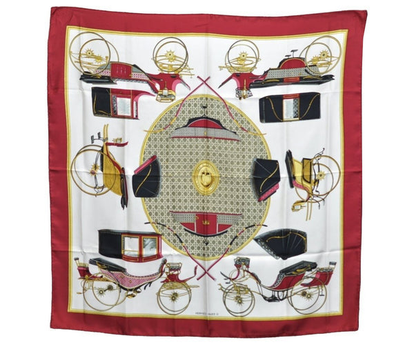 Authentic HERMES Carre 90 Scarf "LES VOITURES A TRANSFORMATION" Silk Red K8668