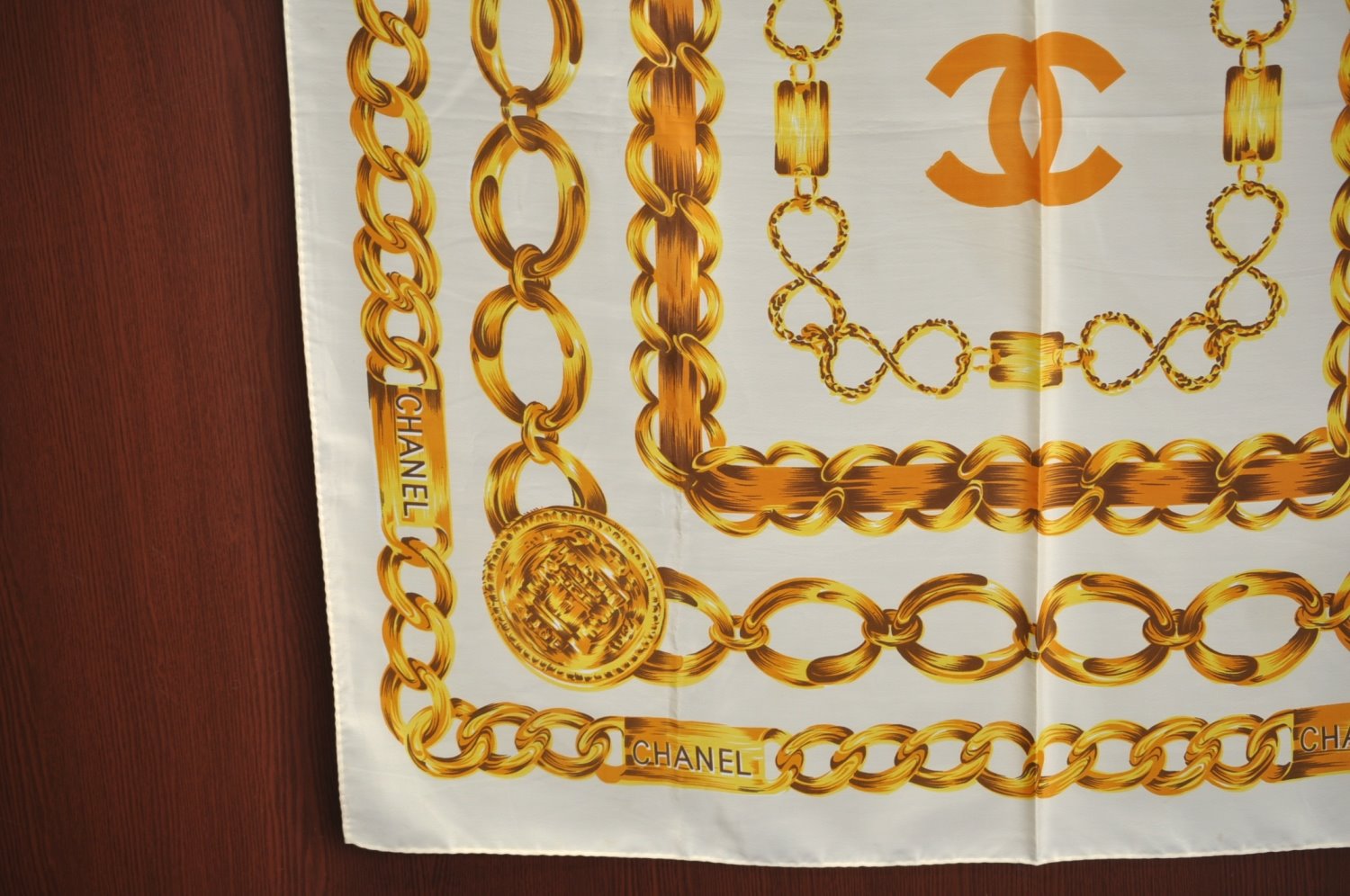 Authentic CHANEL Scarf Chain Motif CC Logo Silk Beige K8670