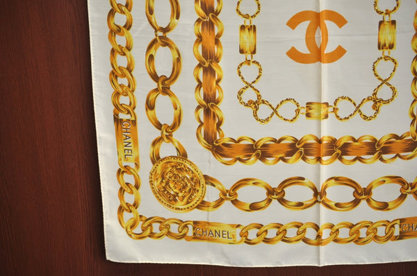 Authentic CHANEL Scarf Chain Motif CC Logo Silk Beige K8670