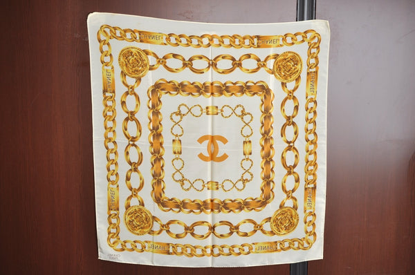 Authentic CHANEL Scarf Chain Motif CC Logo Silk Beige K8670