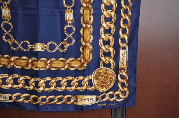 Authentic CHANEL Scarf Chain Motif CC Logo Silk Blue K8671