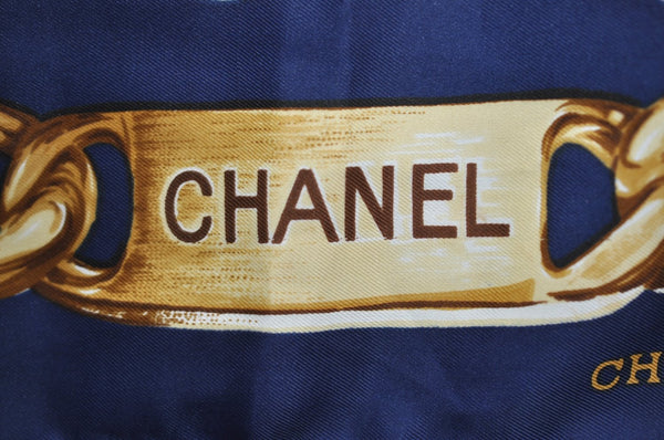 Authentic CHANEL Scarf Chain Motif CC Logo Silk Blue K8671