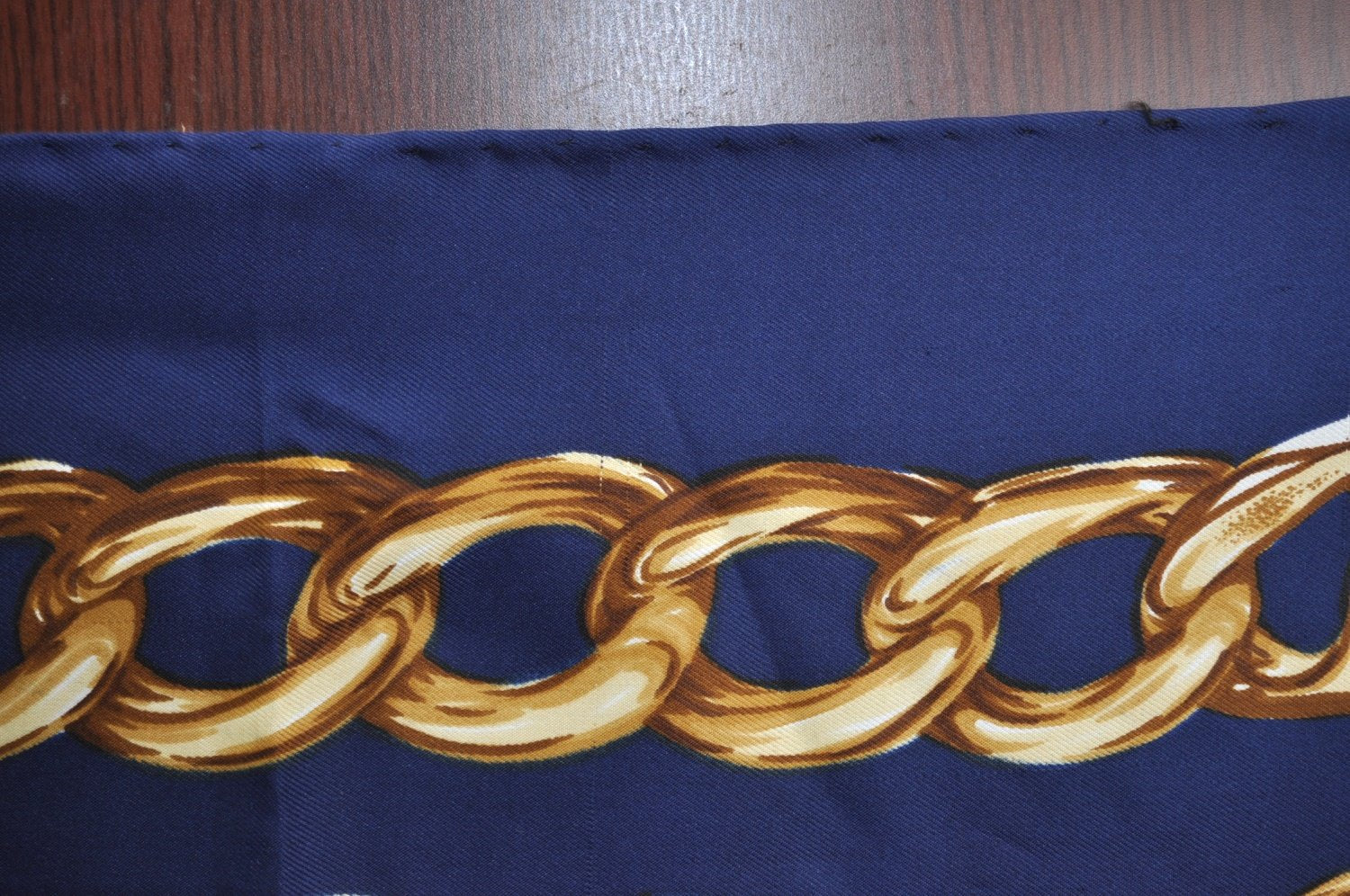 Authentic CHANEL Scarf Chain Motif CC Logo Silk Blue K8671