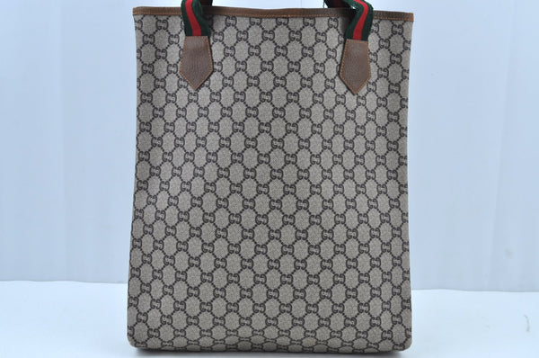 Authentic GUCCI Web Sherry Line GG Plus PVC Leather Tote Bag Brown K8681