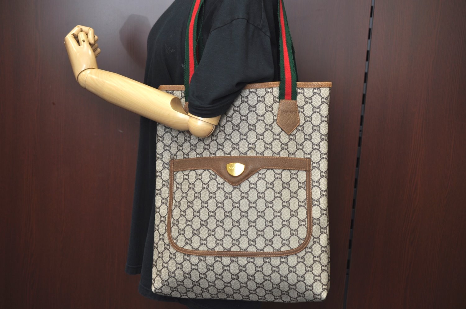 Authentic GUCCI Web Sherry Line GG Plus PVC Leather Tote Bag Brown K8681