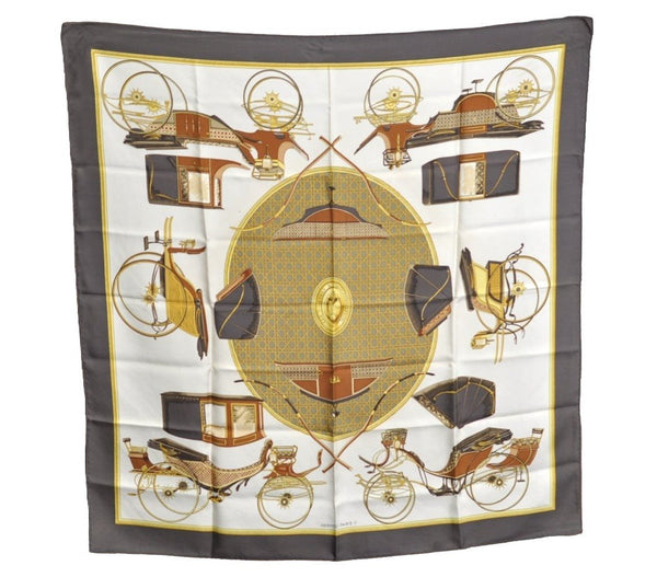 Authentic HERMES Carre 90 Scarf "LES VOITURES A TRANSFORMATION" Silk Gray K8685