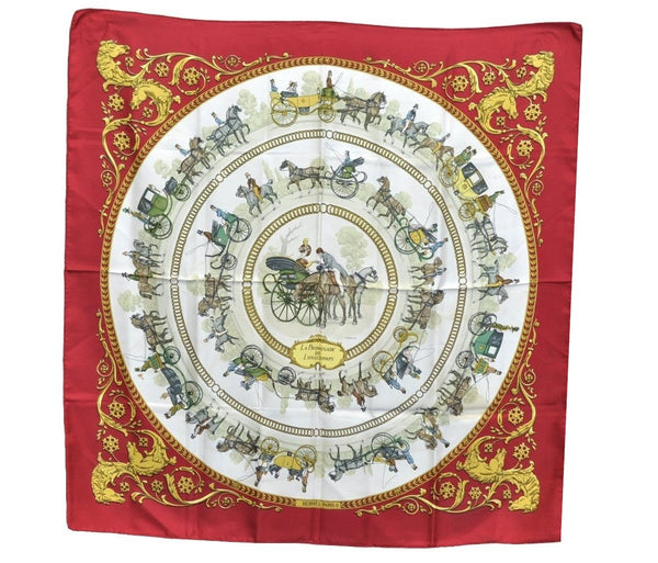 Authentic HERMES Carre 90 Scarf "LA PROMENADE DE LONGCHAMPS" Silk Bordeaux K8688