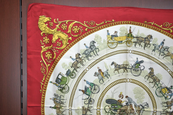 Authentic HERMES Carre 90 Scarf "LA PROMENADE DE LONGCHAMPS" Silk Bordeaux K8688