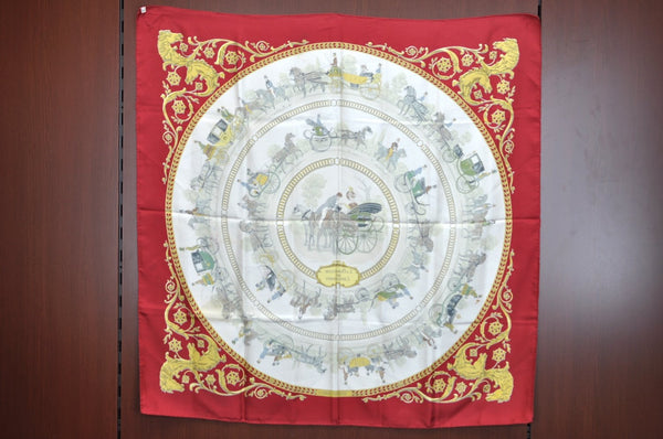 Authentic HERMES Carre 90 Scarf "LA PROMENADE DE LONGCHAMPS" Silk Bordeaux K8688